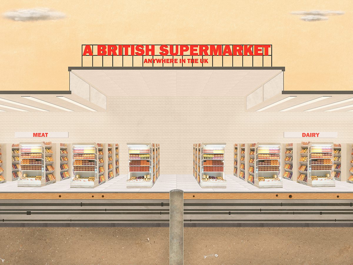 Diagrammatic render of our current relationship to food, a supermarket