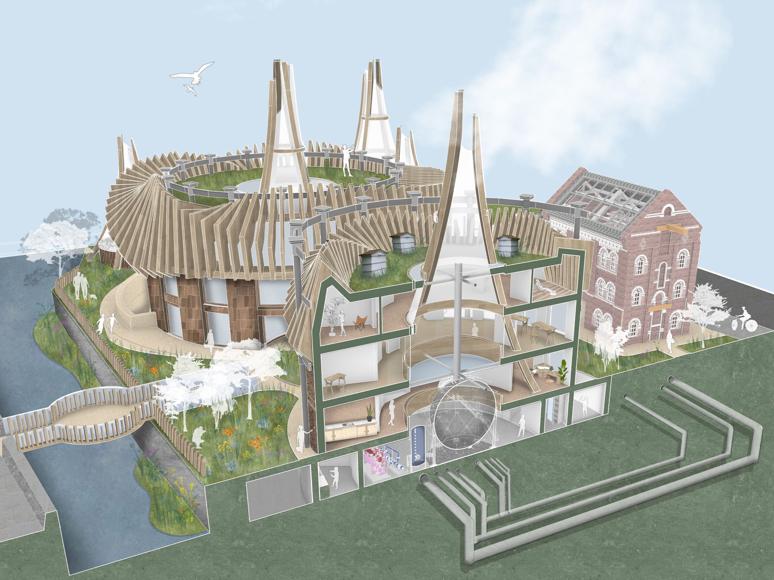 A perspective section drawing, cutting through the waste to energy gasholder/ Featured is the machinery, a multi-storey central turret and a biodiverse public realm, rewilded with wildflowers and beehives. 