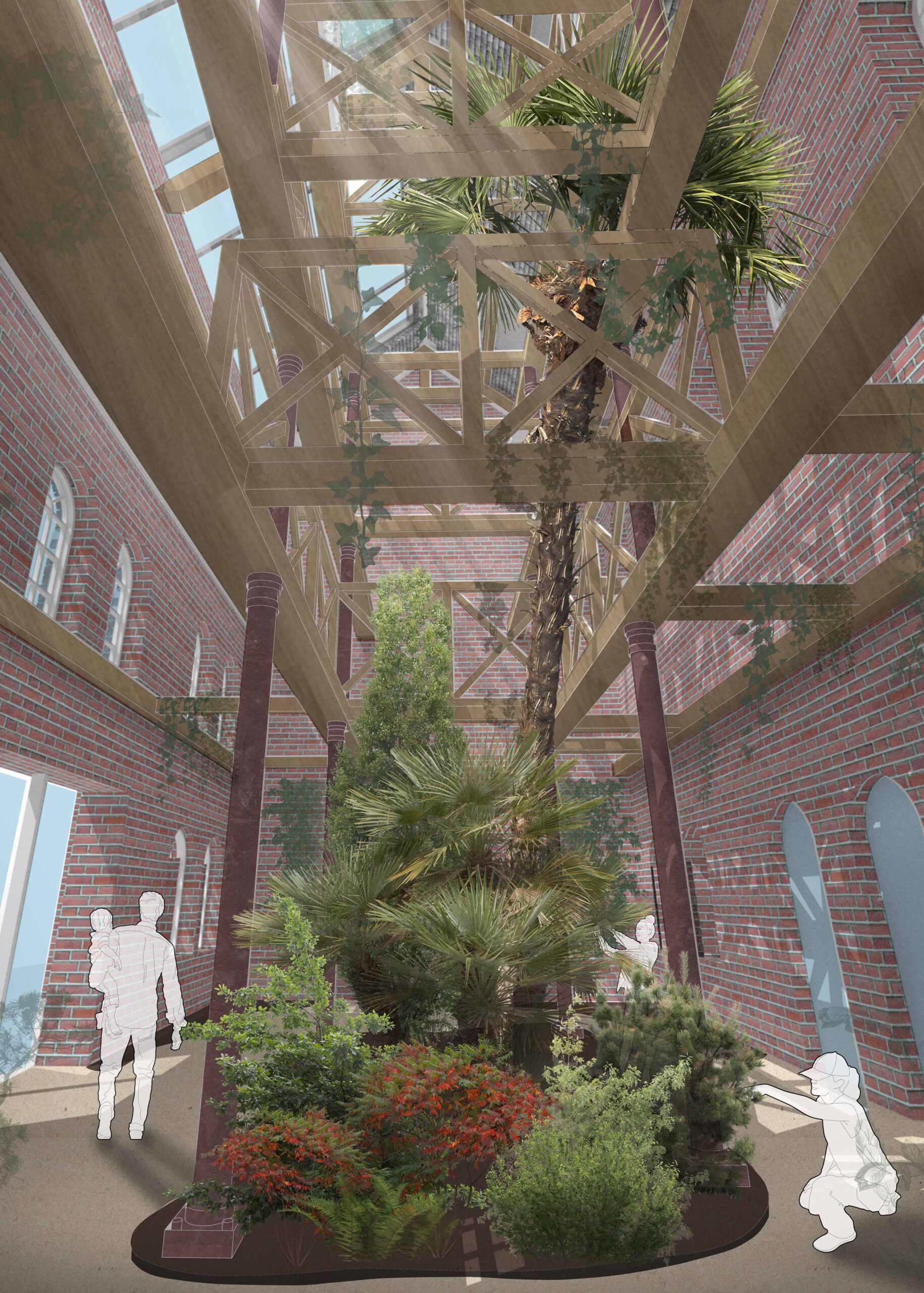 A perspective render of the winter garden, looking upwards towards the timber framed structure which has been maintained.