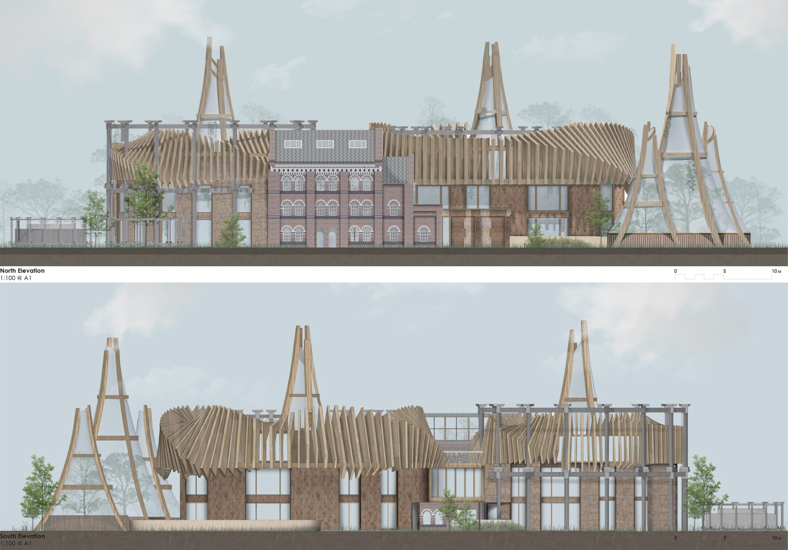 Front and Back elevation. Visible is the brick victorian listed building, with the proposed design behind. Two large gasholders, encapsulated by a timber panel mobius loop. 