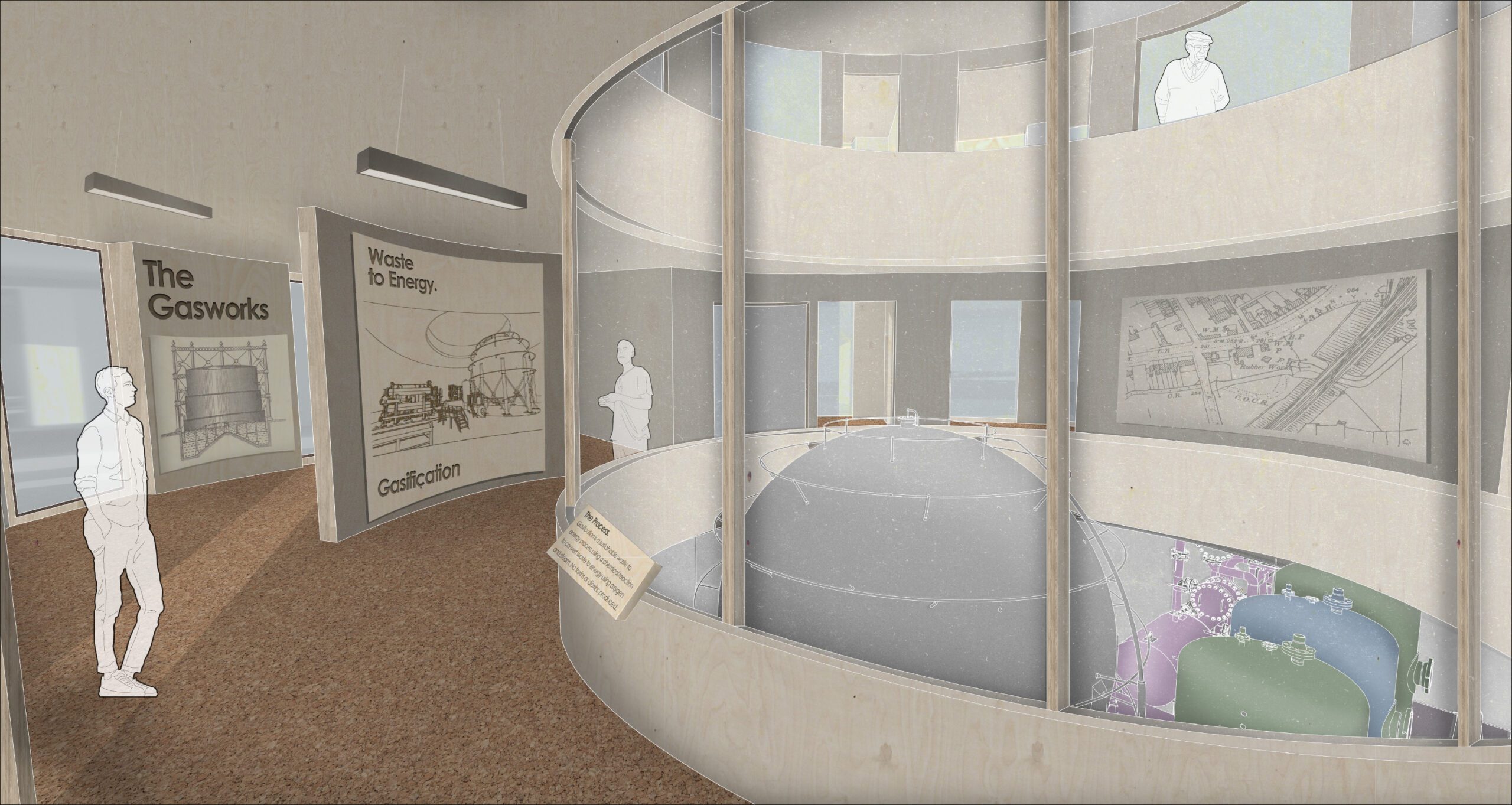 Internal visualisation of the energy facilities. Machinery is colour coded to communicate the process of waste to energy. 