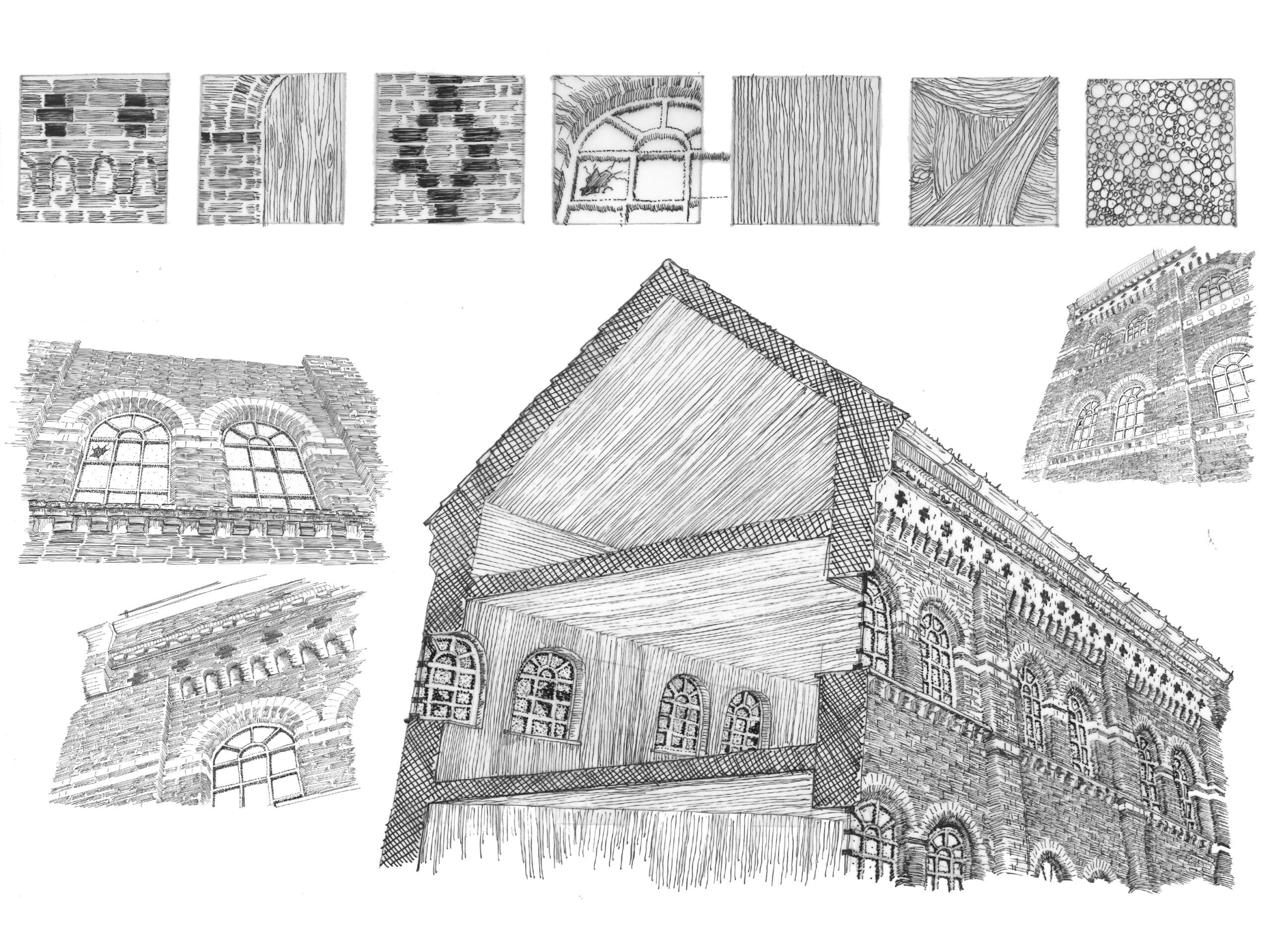 A detailed sketch study of the listed building, mapping textures.