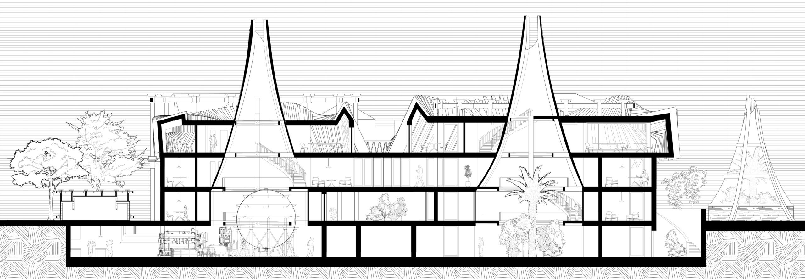 Long section of the building, outlining the two cycles of the circular approach. The Technical and the Biological. 